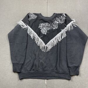 Vintage Harley Davidson Sweatshirt Womens Large Fringe Floral Gray Crewneck